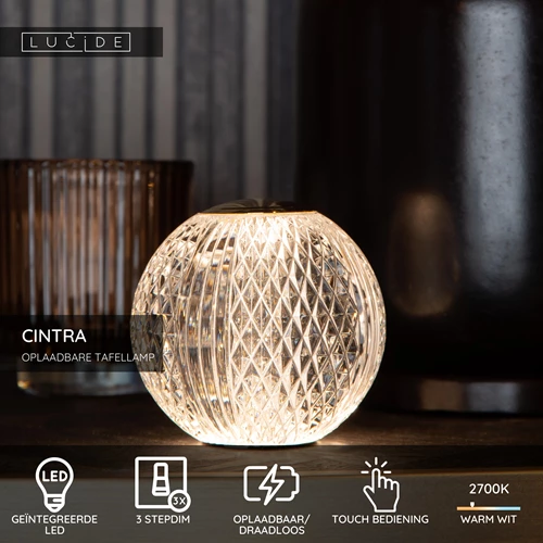 Lucide CINTRA - Oplaadbare Tafellamp - Accu/Batterij - Ø 11 cm - LED 3 StepDim - 1x2W 2700K - Transparant - USP